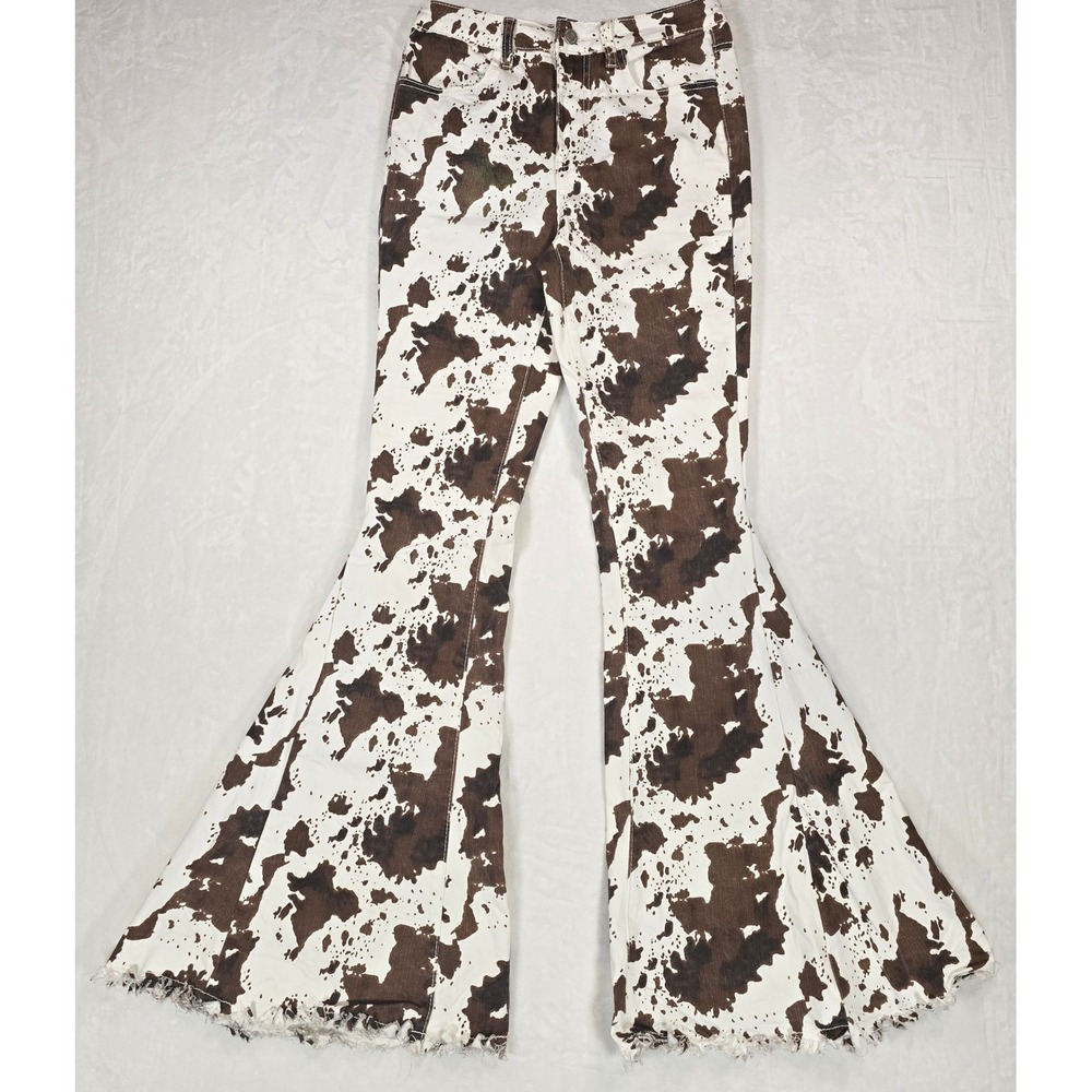 Cow Print High Waisted Bell Bottom Flare Jeans Brown White SIP6217A Small
